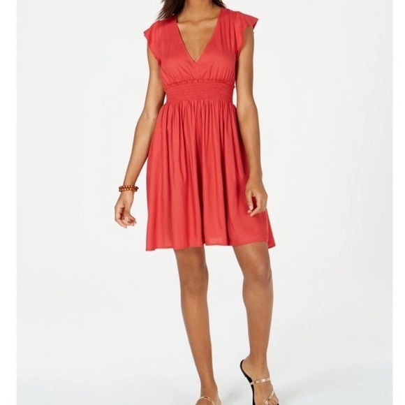 Roxy Smocked V-neck Ruffled Cap Sleeves Dress Junior’s Size L with Pockets - Picture 1 of 13